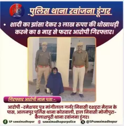 #पुलिससवाईमाधोपुर 
पुलिस थाना रवांजना डूंगर द्वारा शादी का झांसा देकर 3 लाख रुपए की ठगी करने का 8 माह से फरार आरोपी को किया गिरफ्तार।