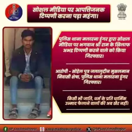 पुलिस थाना मलारना डूंगर द्वारा सोशल मीडिया पर भगवान श्री राम के खिलाफ अभद्र टिप्पणी करने वाले को किया गिरफ्तार।