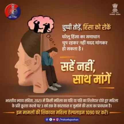 घरेलू हिंसा समाज की विकृति है और इसको मिटाना हर नागरिक का दायित्व है। 

भारत का कानून हर महिला के साथ है इसलिए घरेलू हिंसा को किसी भी मजबूरी या डर के कारण न सहें। चुप्पी तोड़ें, पुलिस से मदद मांगें।