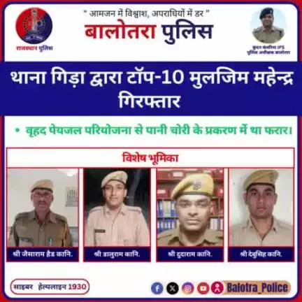 #Balotra: थाना गिड़ा द्वारा टाॅप-10 मुलजिम महेन्द्र गिरफ्तार।

वृहद पेयजल परियोजना से पानी चोरी के प्रकरण में था फरार।