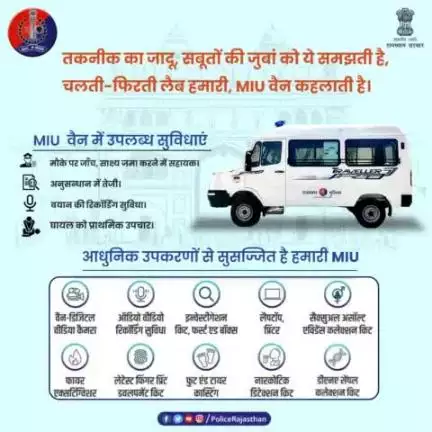 तेज रफ्तार से दौड़ती हैं, हर गाँव और शहर में,
अपराध की गुत्थी सुलझा रही है, #MIU हर क्षेत्र में।

मोबाइल इन्वेस्टीगेशन यूनिट (MIU) घटनास्थल पर साक्ष्य जुटाकर अपराधों की जाँच तेज करेगी। 
गवाहों से घटनास्थल पर ही बयान दर्ज किए जाएंगे, जिससे न