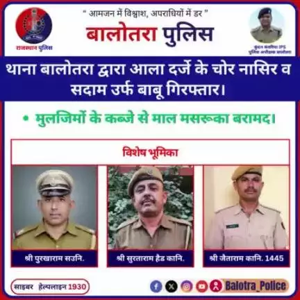 #Balotra: थाना बालोतरा द्वारा आला दर्जे के चोर नासिर व सदाम उर्फ बाबू गिरफ्तार।

मुलजिमों के कब्जे से माल मसरूका बरामद।