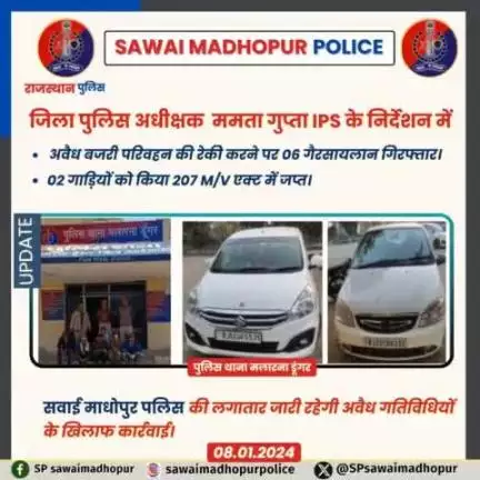#पुलिससवाईमाधोपुर  पुलिस थाना मलारना डूंगर द्वारा अवैध बजरी परिवहन रेकी करने पर 6 व्यक्तियों को किया गिरफ्तार 02 कार जप्त।