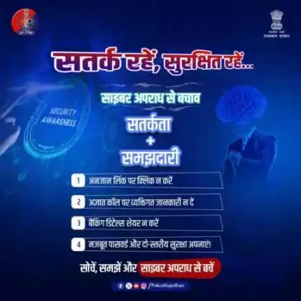 साइबर अपराध से बचने के लिए जरूरी है कि 

अपनी निजी जानकारी किसी से साझा न करें।

राजस्थान पुलिस आपके साथ है, साइबर धोखाधड़ी से बचें और सुरक्षित रहें!