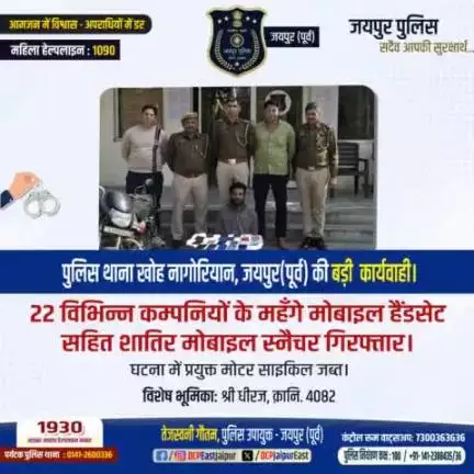 पुलिस थाना खोह नागोरियान जयपुर (पूर्व) की बड़ी कार्यवाही, 22 विभिन्न कम्पनियों के महंगे मोबाइल हैंडसेट सहित शातिर मोबाइल स्नेचर गिरफ्तार।
