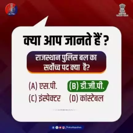#PolicePoll में भाग लेने वाले सभी प्रदेशवासियों का आभार।
सही जवाब है : (B) डी.जी.पी.