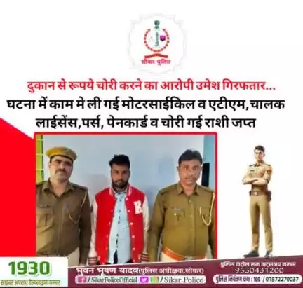 #सीकर 
🔺दुकान से रूपये चोरी करने का आरोपी उमेश गिरफतार...
▪️घटना में काम मे ली गई मोटरसाईकिल व एटीएम,चालक लाईसेंस,पर्स, पेनकार्ड व चोरी गई राशी जप्त
#थाना_रींगस 
#TeamSikarPolice