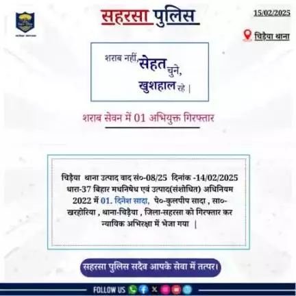 चिड़ैया थाना द्वारा शराब सेवन में 01 अभियुक्त को गिरफ़्तार किया गया....

Bihar Police 
Home Department, Govt. of Bihar 
#Saharsapolice