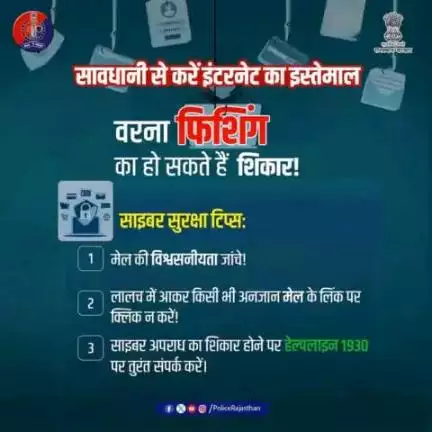 फिशिंग ईमेल और लिंक से रहें दूर! 

इंटरनेट की दुनिया में सुरक्षित रहें, धोखाधड़ी से बचें! 

सूचना एवं संचार प्रौद्योगिकी के इस युग में राजस्थान पुलिस आपके साथ है।