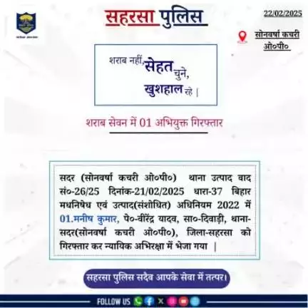 सदर( सोनवर्षा कचहरी ) थाना द्वारा द्वारा शराब सेवन में 01 अभियुक्त को गिरफ़्तार किया गया....

Bihar Police 
Home Department, Govt. of Bihar 
#Saharsapolice