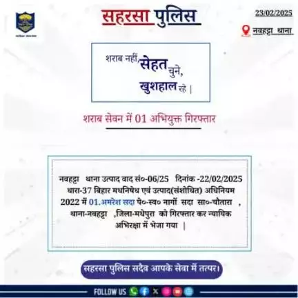 नवहट्टा थाना द्वारा द्वारा शराब सेवन में 01 अभियुक्त को गिरफ़्तार किया गया....

Bihar Police 
Home Department, Govt. of Bihar 
#Saharsapolice
