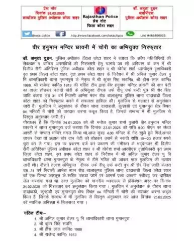 #कोटा_शहर_पुलिस 

#थाना_गुमानपुरा टीम द्वारा वीर हनुमान मंदिर छावनी में चोरी का अभियुक्त गिरफ़्तार ।

कोटा शहर पुलिस सदैव आपकी सेवा में तत्पर।