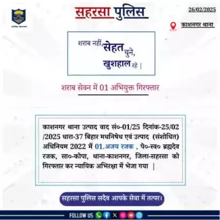 काशनगर थाना  द्वारा शराब सेवन में 01 अभियुक्त को गिरफ़्तार किया गया....

Bihar Police 
Home Department, Govt. of Bihar 
#Saharsapolice