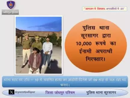 पुलिस थाना सूरसागर द्वारा 10,000 रूपये का ईनामी अपराधी गिरफ्तार।
थाना स्तर पर टाॅप - 10 में चयनित हत्या का आरोपी दिनेश जो 09 माह से चल रहा था फरार।
विशेष अभियान चला कर मफरूर अपराधी को किया दस्तयाब।
मुल्जिम दिनेश जगह बदल - बदल कर काट रहा था