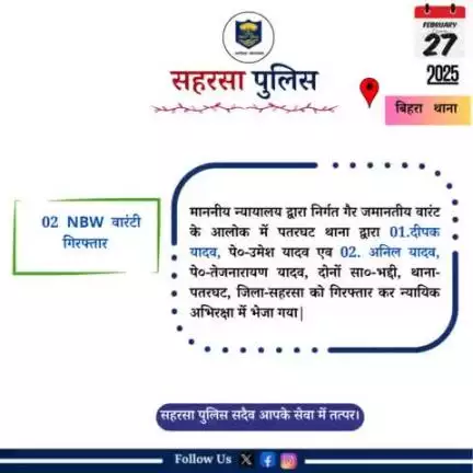 वारंटी गिरफ्तार....

Bihar Police 
Home Department, Govt. of Bihar 
#Saharsapolice 
#knowyourpolice