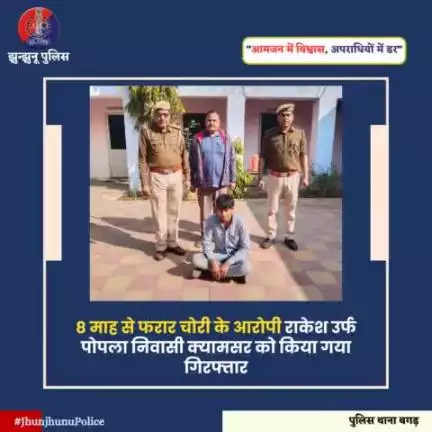 8 माह से फरार चोरी के आरोपी राकेश उर्फ पोपला निवासी क्‍यामसर को किया गया गिरफ्तार #JhunjhunuPolice