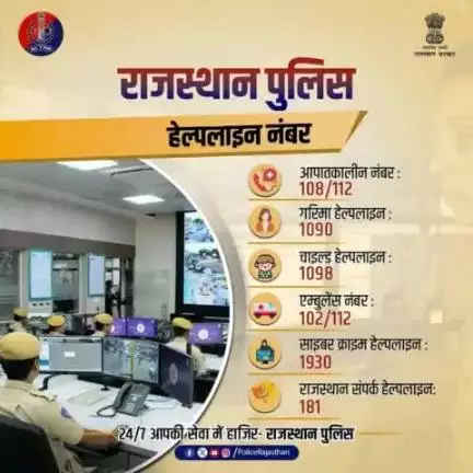 राजस्थान पुलिस के हेल्पलाइन नंबर, 
जो आपके लिए है एक अहम और सुरक्षित माध्यम। 

किसी भी परेशानी में इन नंबर को डायल करें और पाएं मदद, 
क्योंकि आपकी सुरक्षा हमारी प्राथमिकता है।