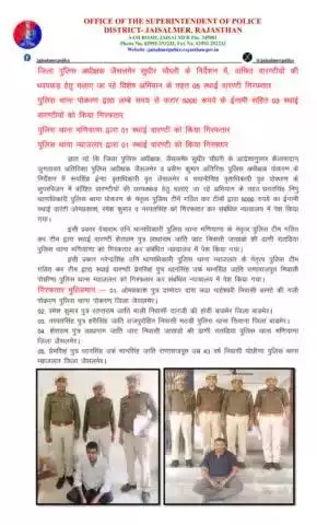 जिला पुलिस अधीक्षक जैसलमेर सुधीर चौधरी के निर्देशन में, वांछित वारण्टीयों की धरपकड़ हेतु चलाए जा रहे विशेष अभियान के तहत 05 स्थाई वारण्टी गिरफतार, पुलिस थाना पोकरण द्वारा लम्बे समय से फरार 5000 रूपये के ईनामी सहित 03 स्थाई वारण्टीयों को किया