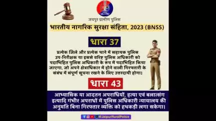#भारतीय_नागरिक_सुरक्षा_संहिता 2023 की धारा 37 व 43 क्या कहती है, जानें।👇

#नवीन_आपराधिक_कानून
