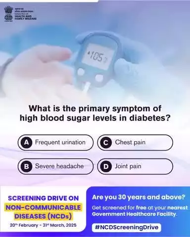 #NCDScreeningDrive | Frequent urination, chest pain, severe headache, or joint pain—which is the primary symptom of high blood sugar levels in diabetes?