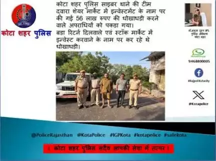 #कोटा_शहर_पुलिस
#साइबर_थाने की टीम द्वारा शेयर मार्केट में इन्वेस्टमेंट के नाम पर की गई 56 लाख रुपए की धोखाधड़ी करने वाले अपराधियों को पकड़ा गया।
कोटा शहर पुलिस सदैव आपकी सेवा में तत्पर।