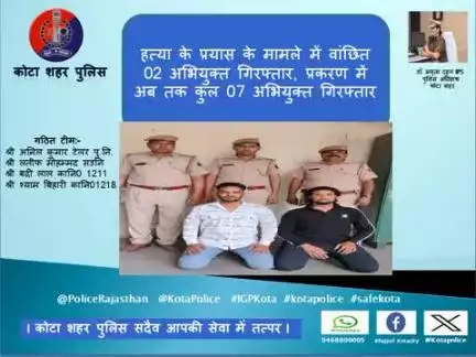 #कोटा_शहर_पुलिस 

#थाना_गुमानपुरा की टीम द्वारा हत्या के प्रयास के मामले में वांछित 02 अभियुक्त गिरफ्तार, प्रकरण में अब तक कुल 07 अभियुक्त गिरफ्तार।