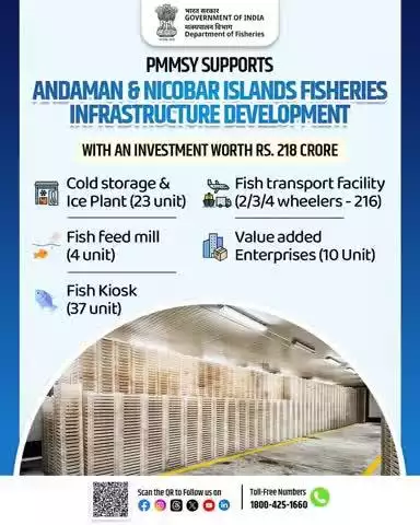 ₹218 Cr investment to boost fisheries in Andaman & Nicobar under #PMMSY! Key developments: 23 cold storages, 216 transport vehicles, 4 feed mills, 37 kiosks & 10 value-added units - enhancing the blue economy & fisher livelihoods.