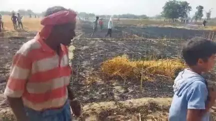 जिगना राजघाट में खेत में लगी आग से कई एकड़ गेंहू जलकर राख हो गया