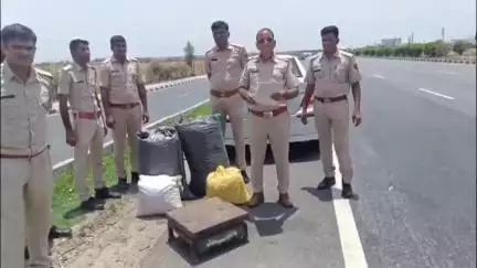 हुरड़ा: गुलाबपुरा पुलिस की नाकाबंदी देख तस्करों ने डिवाइडर से कूदकर भागने की कोशिश की, टायर फटा, 45 किलो डोडा-चूरा किया गया जब्त