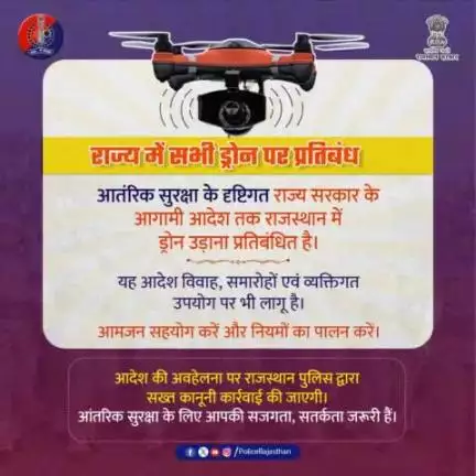 इस आदेश की अवहेलना करने पर पुलिस द्वारा ड्रोन जब्त कर सख्त कार्रवाई की जा सकती है।

#Droneben
#RajasthanPolice