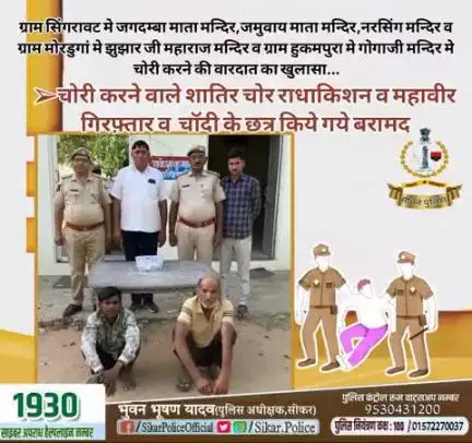 #सीकर
🔻ग्राम सिंगरावट मे जगदम्बा माता मन्दिर,जमुवाय माता मन्दिर,नरसिंग मन्दिर व ग्राम मोरडुगां मे झुझार जी महाराज मन्दिर व ग्राम हुकमपुरा मे गोगाजी मन्दिर मे चोरी करने की वारदात का खुलासा...
➢चोरी करने वाले शातिर चोर राधाकिशन व महावीर गिरफ