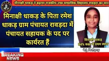 मीनाक्षी धाकड़ ने बढ़ाया राजकीय उच्च माध्यमिक विद्यालय रावड़दा का मान 12 वीं कक्षा में 84.40 प्रतिशत अंक प्राप्त किए