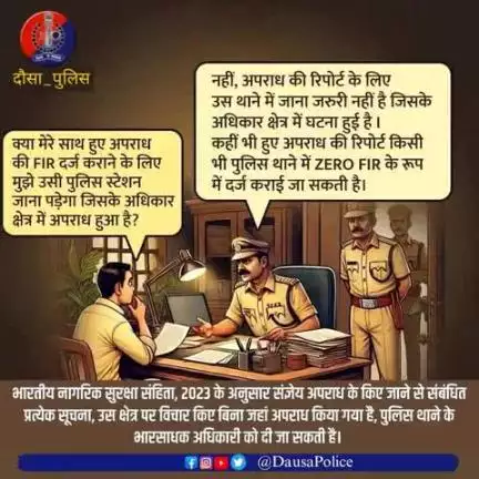 अब किसी भी थाने में दर्ज करवाई जा सकती है अपराध की FIR.

🚨#भारतीय_नागरिक_सुरक्षा_संहिता 2023 के अनुसार अधिकार क्षेत्र से बाहर हुए किसी अपराध की रिपोर्ट नजदीकी पुलिस थाना में ZERO FIR के रूप में दर्ज की जाती है।