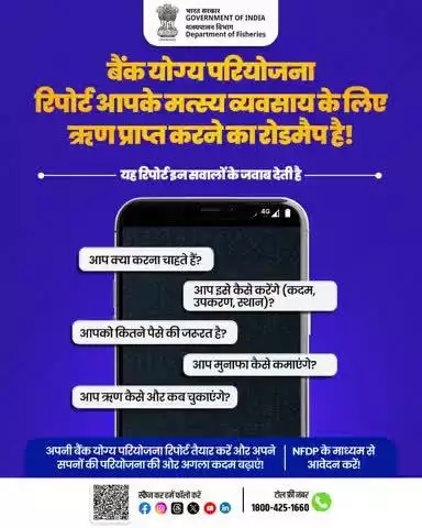 मत्स्य व्यवसाय के लिए सफल ऋण आवेदन का रास्ता है बैंक योग्य परियोजना रिपोर्ट। यह बताएगी कि आप क्या करेंगे, कैसे करेंगे, कितना निवेश चाहिए और मुनाफा कैसे होगा। #NFDP के जरिए आवेदन करें और अपनी योजना को साकार करें।