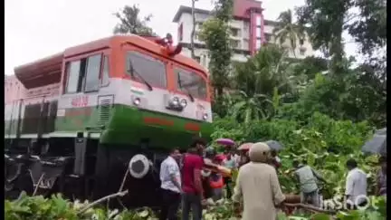 തിരുവല്ല: കുറ്റപ്പുഴയിൽ ഓടിക്കൊണ്ടിരുന്ന ട്രെയിനിന് മുന്നിൽ കൂറ്റൻ തേക്ക് മരം കടപുഴകി വീണു