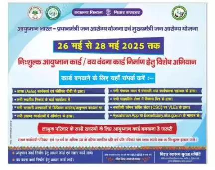 राज्य सरकार के निदेश के आलोक में पटना जिला में 26 मई से 28 मई, 2025 तक आयुष्मान भारत-प्रधानमंत्री जन आरोग्य योजना एवं मुख्यमंत्री जन आरोग्य योजना के तहत निःशुल्क आयुष्मान कार्ड/वय वंदना कार्ड निर्माण हेतु विशेष अभियान चलाया जा रहा है।