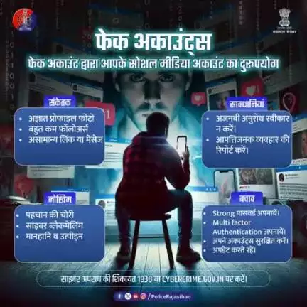 फर्जी सोशल मीडिया अकाउंट्स से सावधान रहें।

बोगस प्रोफाइल तैयार कर अथवा आपकी प्रोफाइल चुराकर फैक अकाउंट तैयार किये जाते हैं।

उद्देश्य पहचान की चोरी, नागरिक उत्पीड़न और साइबर अपर