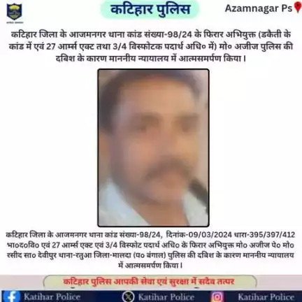 कटिहार जिला के आजमनगर थाना कांड संख्या-98/24 के फिरार अभियुक्त (डकैती के कांड में एवं 27 आर्म्स एक्ट तथा 3/4 विस्फोटक पदार्थ अधि० में) मो० अजीज पुलिस की दबिश के कारण माननीय न्यायालय में आत्मसमर्पण किया I