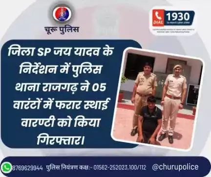 #churupolice
जिला SP जय यादव के निर्देशन में पुलिस थाना राजगढ़ ने 05 वारंटों में फरार स्थाई वारण्टी को किया गिरफ्तार।