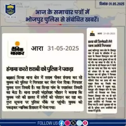 आज के समाचार पत्रों में प्रकाशित #भोजपुर_पुलिस से संबंधित कुछ ख़बरें।
"भोजपुर पुलिस सदैव आपकी सेवा में तत्पर"
