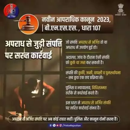 अपराध से अर्जित की गयी संपत्ति की कुर्की अब संभव है।

B.N.S.S. की धारा 107 के तहत पुलिस और न्यायालय द्वारा की जाने वाली कार्रवाई का पूर्ण विवरण। 

राजस्थान पुलिस B.N.S.S. की धारा 107 के तहत निरंतर कार्रवाई कर र