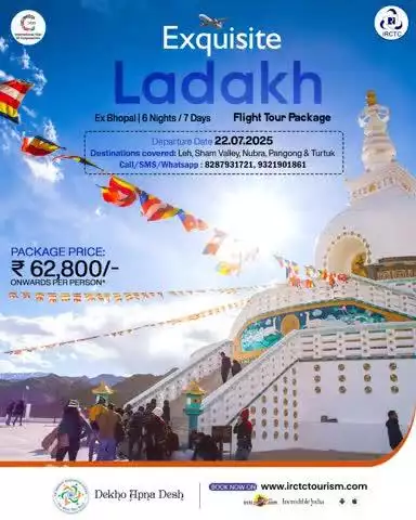 Immerse in the enchanting bliss of Leh Ladakh with IRCTC's 6N/7D Ladakh package, starting at Rs. 62,800/- pp* onwards. Book Now!
https://www.irctctourism.com/pacakage_description?packageCode=WBA073