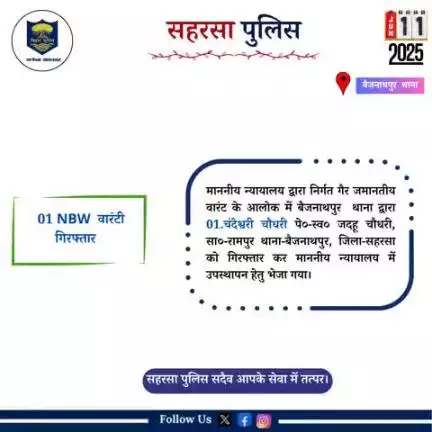 बैजनाथपुर थाना द्वारा 01 वारंटी को गिरफ़्तार किया गया।
