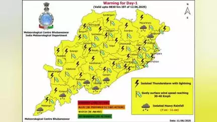 ଦେବଗଡ: ଜିଲ୍ଲାରେ ତିନି ଦିନ ଧରି ବଜ୍ରପାତ ଓ ଝଡ଼ ବର୍ଷା ସମ୍ଭାବନା ପାଇଁ ୟେଲୋ ୱାର୍ଣ୍ଣିଂ ଜାରି