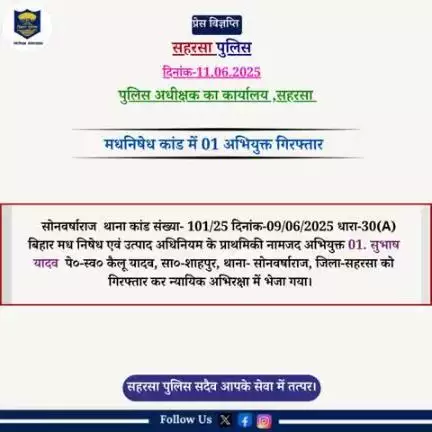 सोनवर्षा राज थाना द्वारा मध निषेध कांड के 01 अभियुक्त को गिरफ़्तार किया गया।