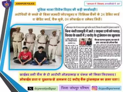 पुलिस थाना विवेक विहार की बड़ी कार्यवाही।

* साईबर ठगी गैंग के 02 आरोपी ओमप्रकाश व पंकज को किया गिरफ्तार।

* भूराराम गैग से जुडे हुए है दोनो आरोपी।