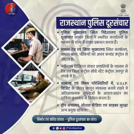 पुलिस दूरसंचार, राजस्थान पुलिस का एक अभिन्न अंग है|

कानून व्यवस्था बनाए रखने में संचार अति महत्वपूर्ण है, जिसे पुलिस दूरसंचार पूर्ण निष्ठा एवं सजगता से 24 * 7 उपलब्ध करवाता है|

तकनीकी अधिकारियों द्वारा नवीनतम संचार प्रणालियों के माध्यम से