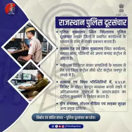 पुलिस दूरसंचार, राजस्थान पुलिस का एक अभिन्न अंग है|

कानून व्यवस्था बनाए रखने में संचार अति महत्वपूर्ण है, जिसे पुलिस दूरसंचार पूर्ण निष्ठा एवं सजगता से 24 * 7 उपलब्ध करवाता है|