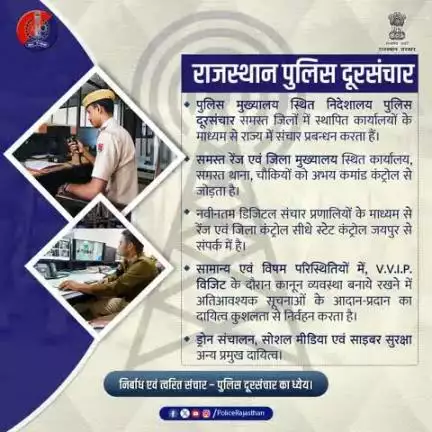 पुलिस दूरसंचार, राजस्थान पुलिस का एक अभिन्न अंग है|

कानून व्यवस्था बनाए रखने में संचार अति महत्वपूर्ण है, जिसे पुलिस दूरसंचार पूर्ण निष्ठा एवं सजगता से 24 * 7 उपलब्ध करवाता है|