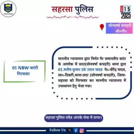 सोनवर्षा कचहरी ओ०पी० थाना द्वारा  01 वारंटी को गिरफ़्तार किया गया।